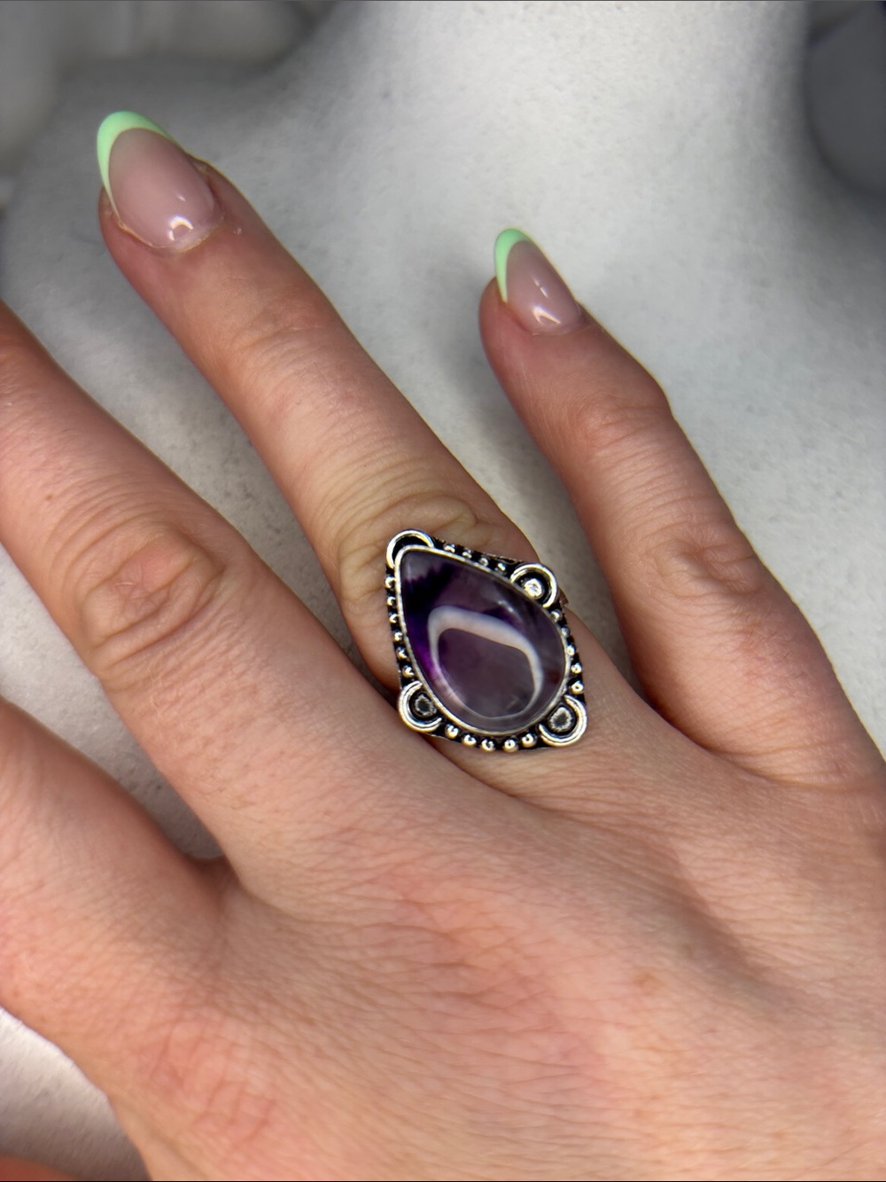 Silver Teardrop Amethyst Ring - Purple Gemstone